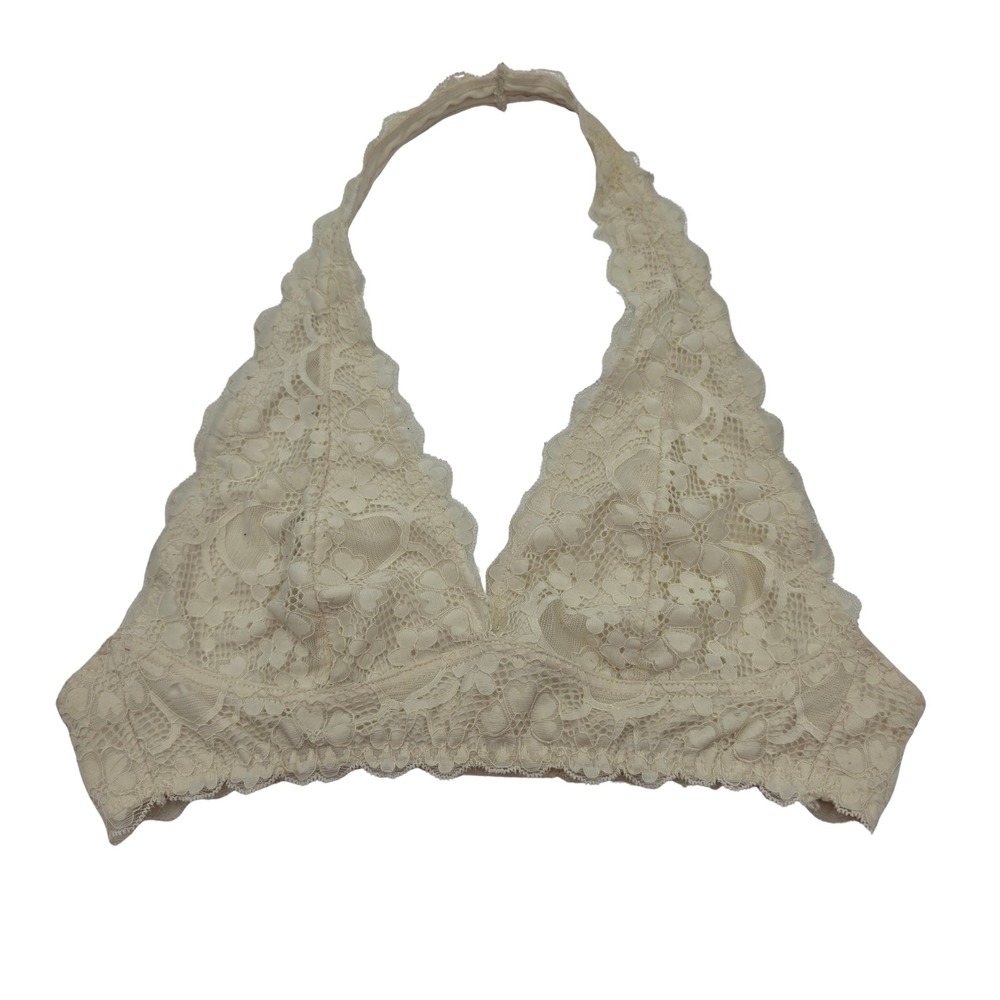 RUSH Ivory Floral Lace Halter Bralette Size L Boho Festival Soft Cup Bralette